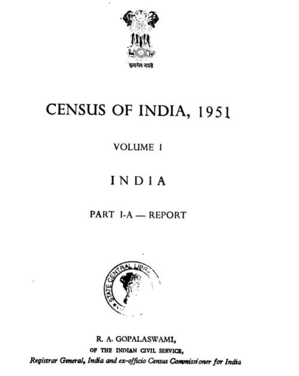 The first page of the Census Of India, 1951 Vol. 1 Part. 1-a; Source: Archive.org